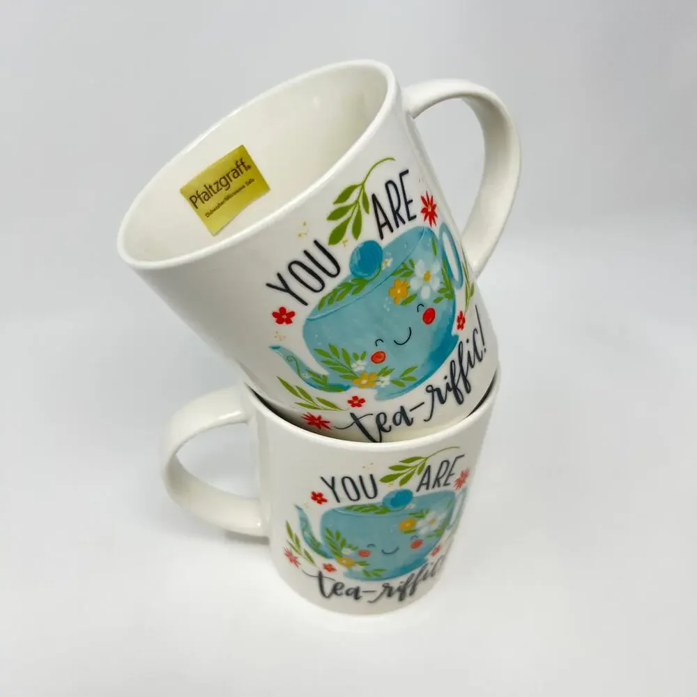 Pflatzgraff Mugs You Are Teariffic Pair of 18oz Porcelain Cups New w/ Tags Gift - Picture 2 of 10
